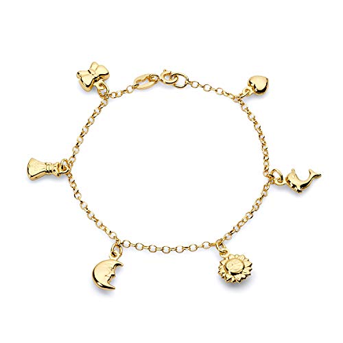 14k REAL Yellow Gold Hanging Charm Bracelet - 7"