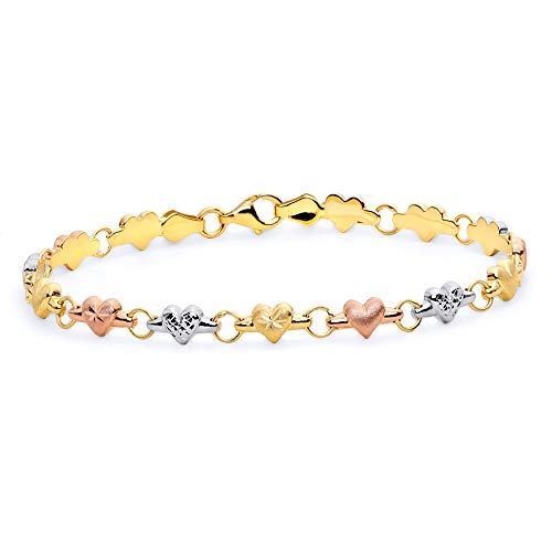 14k REAL Tri Color Gold Diamond Cut Stampato Heart Bracelet with Lobster Claw Clasp - 7.25"