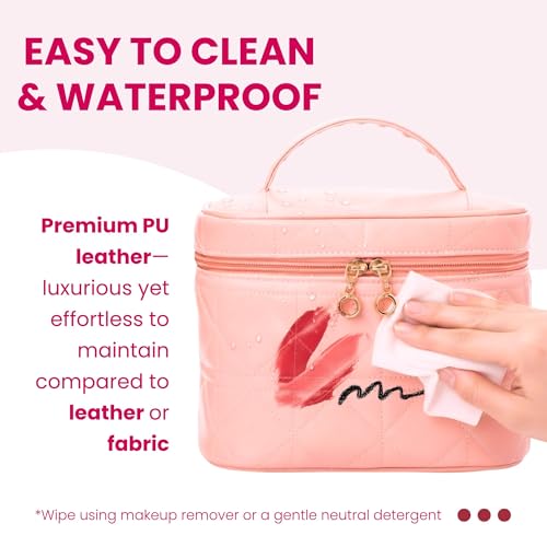 NESTORO Makeup Bag with Jewelry Case Set, Pink Quilted PU Leather with Handle, Gold Zipper