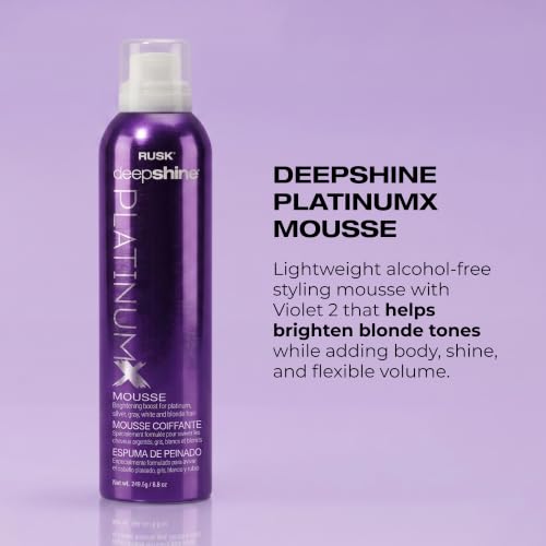 RUSK Deepshine PlatinumX Mousse, Lightweight, Alcohol-Free, for Platinum, Blonde, Gray, and Silver Hair, Enhances Body and Volume While Restoring Haircolor, 8.8 oz