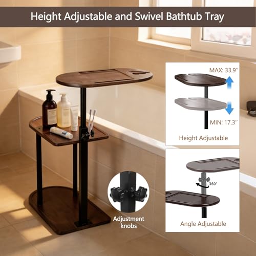 3 Layer Bathtub Tray Table,Bamboo Swivel Bathtub Side Table Height Adjustable,Freestanding Bathtub Tray for Tub Against Wall,Bathtub Accessories&Bathroom Organizer for Luxury Home Spa (Brown)