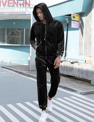 LecGee Men's 2 Pieces Full Zip Tracksuits Velvet Sport Suits Casual Outfits Jacket & Pants Fitness Tracksuit Set(Black,Large)