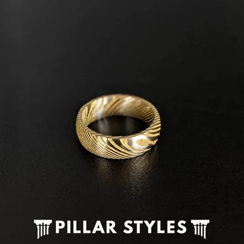 Thin 14K Gold Ring Damascus Wedding Bands 6mm Yellow Gold Damascus Rings For Him 6mm/8mm Couples Ring Set Comfort Fit Silver Stainless Steel
