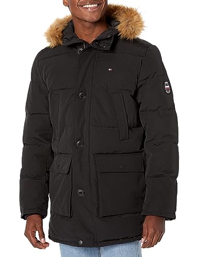Tommy Hilfiger Mens Arctic Cloth Heavyweight Performance Parka Down Alternative Outerwear Coat, Black, Large US
