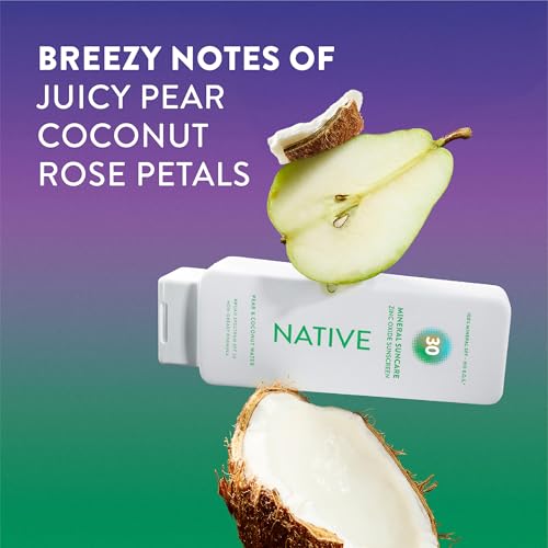 Native Mineral Sunscreen Lotion SPF 30, Pear & Coconut Water Scent, with 100% Mineral Zinc Oxide for Face & Body, Hawaii Compliant, Vegan, No White Cast - 7 oz