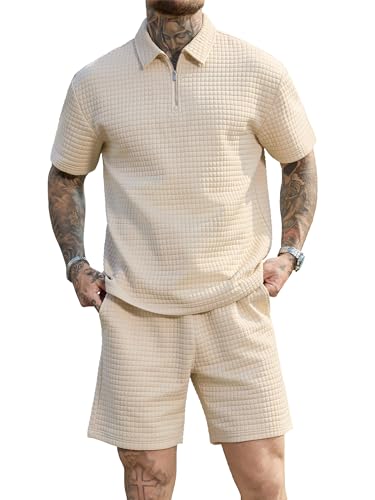 JEMLDL Men's Short Sets 2 Piece Polo Shirt Summer Outfits Casual Fashion Jogging Track Suits Short Sleeve Travel Sweatsuit Light Khaki Large
