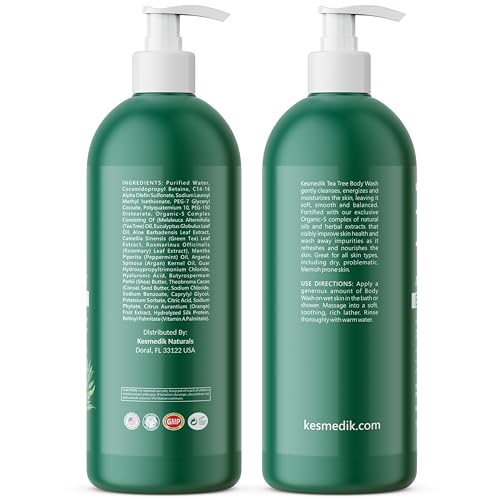 KESMEDIK Tea Tree Body Wash MaxTherapy with Eucalyptus, Aloe & 100% Tea Tree Oil for Skin, Cleans, Soothes and Refreshes Sensitive, Itchy Skin, Body & Foot Soap for Men & Women, 2-Pack