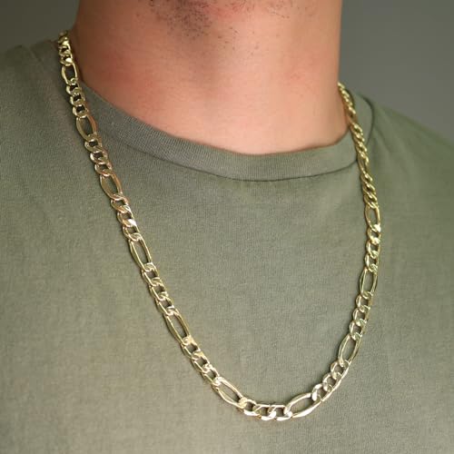 Nuragold 14k Real Yellow Gold Figaro Link 7.5mm Wide Chain Mens Necklace - 24"
