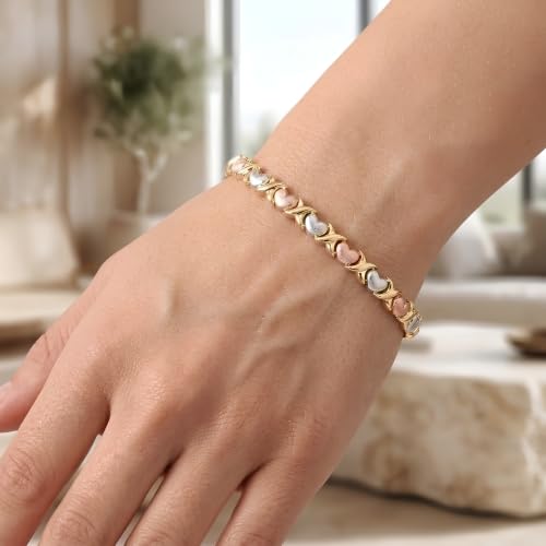Floreo 14k Tri-Color Gold 5.7mm XOXO Heart Stampato Link Bracelet, 7.25 Inch