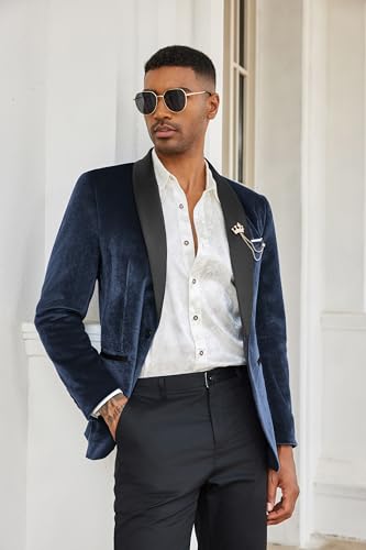 COOFANDY Men Velvet Blazer Slim Fit Suit Jacket Luxury Shawl Lapel Tuxedo Jackets One Button Casual Suit Sport Coat Navy Blue