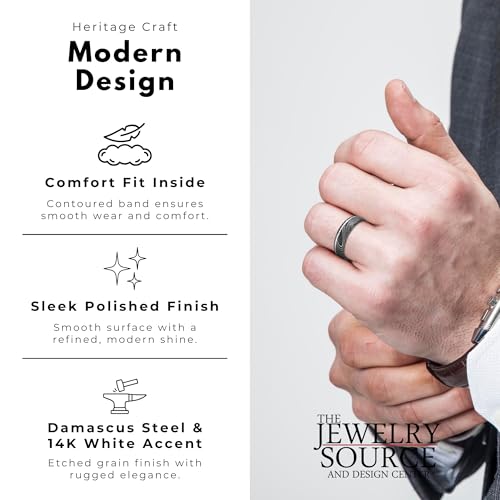 6mm Damascus Steel Men’s Wedding Band with 14K White Gold Inlay – Comfort Fit Ring – Textured Black Grain – Unique Handmade Look (15)