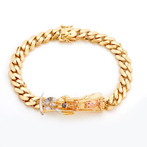 14k Tri Color Gold Cuban Link Santa Muerte ID Bracelet - 8.5"