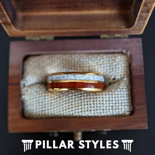 Koa Wood Rings for Men Wedding Band Meteorite Ring Tungsten 14K Gold Ring with Wooden Inlay Tropical 8mm Unique Space Rock Yellow Gold Gifts for Him Cosmic Couples Rings