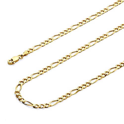 14k REAL Yellow Gold Solid 2.5mm Figaro 3+1 Concave Chain Necklace with Lobster Claw Clasp - 20"