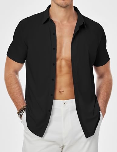 JMIERR Muscle Dress Shirts for Men Muscle Fit Stretch Casual Button Down Short Sleeve Wrinkle-Free Shirt,M,Black