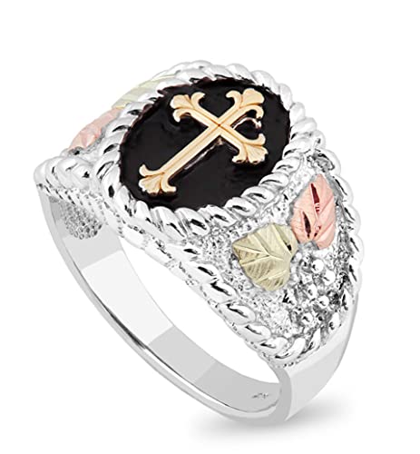 Men's Cross Ring, Sterling Silver, 10k Yellow Gold, 12k Green and Rose Gold Black Hills Gold Motif, Size 13