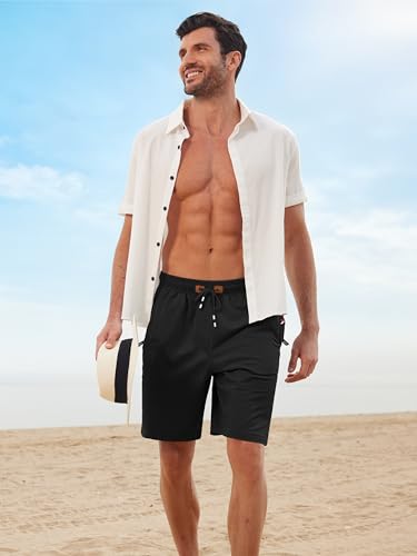 GEEK LIGHTING Mens Shorts Casual Cotton Drawstring Zipper Pockets Elastic Waist Lightweight Summer Athletic Beach Shorts Black