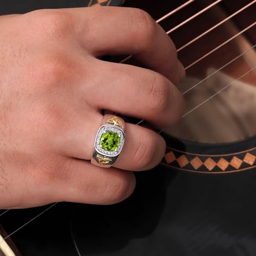 Gem Stone King Two-Tone Cushion Cut Ring for Men | CHK Peridot | 11