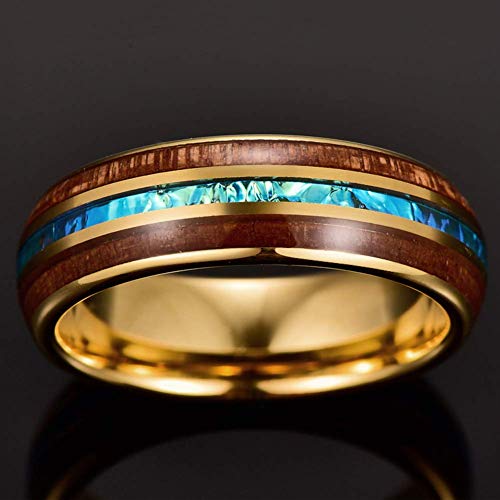 Vakki Rings for Men Women 6mm Gold Tungsten Wedding Bands Hawaiian Koa Wood and Blue Inlay 12