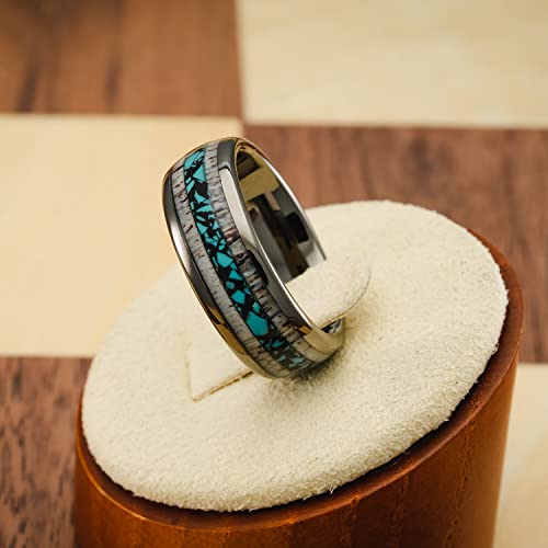 100S JEWELRY Gunmetal Gray Tungsten Rings For Men Turquoise & Elk Antler Inlay Wedding Promise Engagement Band Size 6-16 (Tungsten, 13)