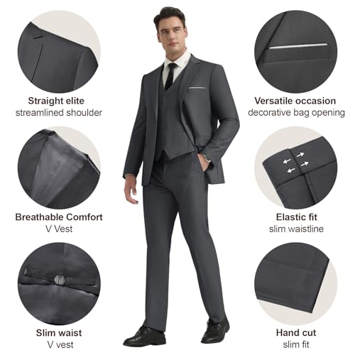 LUPURTY Men's One Button 3-Piece Suits Slim Fit Tuxedo Set with Blazer Jacket Vest & Pants for Wedding Prom Business,Dark Grey M