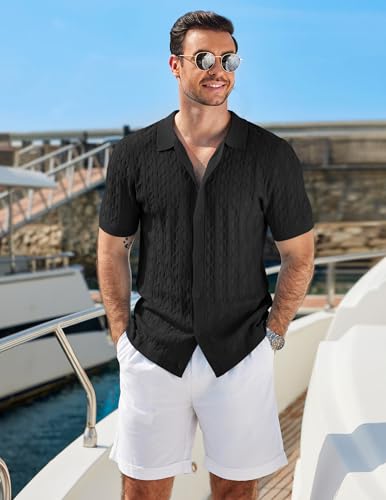 COOFANDY Mens Casual Waffle Knit Shirts Button Up Short Sleeve Shirts Beach Summer Wedding Dress Shirt Loose Fit Shirts Black