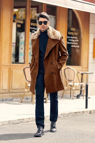 PASLTER Mens Winter Trench Overcoat Removable Faux Fur Collar Top Coat Double Breasted Business Long Pea Coat Brown
