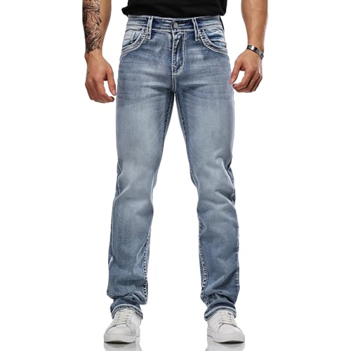 Classic Fit Jeans for Men Embroidered Design All Season Adult Denim Work Pants Everyday Casual Style Men's Pants (US, Waist, 32, Regular, Blue)
