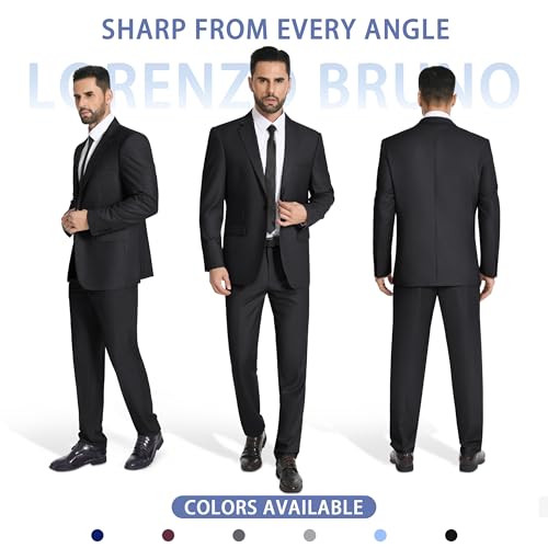 LORENZO BRUNO Mens Suit 2 Piece Black Suits for Men One Button Slim Fit Solid Jacket & Pants Tuxedo Set Business Wedding Party, Black, M