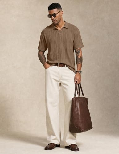 JMIERR Polo Shirts for Men Classic Fit Short Sleeve Loose Casual Soft Button Old Money Textured Cable Knit Shirt Quiet Luxury Clothes, XL, Khaki