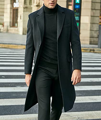 xxxiticat Men's Winter Trench Coat Long Sleeve Notch Lapel Single Breasted Quilted Cotton Long Overcoat Jacket Wool Pea Coat(BL,3XL)