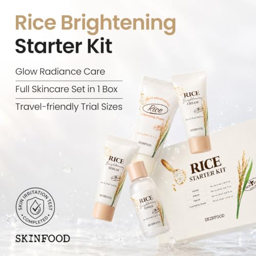 SKINFOOD Rice Starter Kit, Rice Toner, Rice Serum, Rice Moisturizer, and Rice Face Wash for Glass Skin, Korean Skin Care Set, Travel Size Kit, Stocking Stuffers, Gift Set for Women, Skincare Gift Set