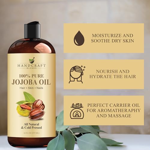 Handcraft Blends Jojoba Oil | 100% Pure and Natural | Ayurvedic Skin Care | Premium Grade Carrier Oil | Face | Skin | Hair | Massage | Cold-Pressed | Hexane-Free | 16 Fl Oz
