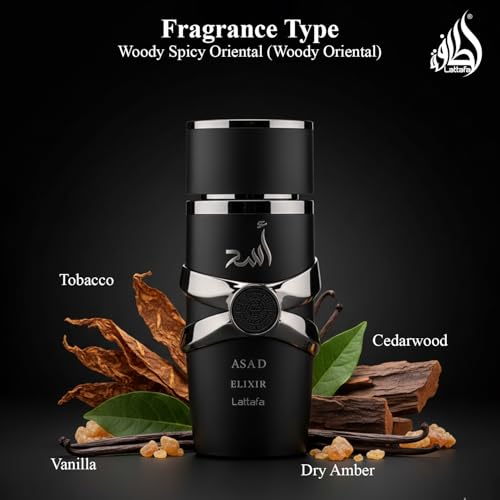 Lattafa Asad Elixir – Spicy, Woody, Amber, Warm – Eau de Parfum Spray Long-Lasting Fragrance for Men, 3.4 Ounce / 100 ml