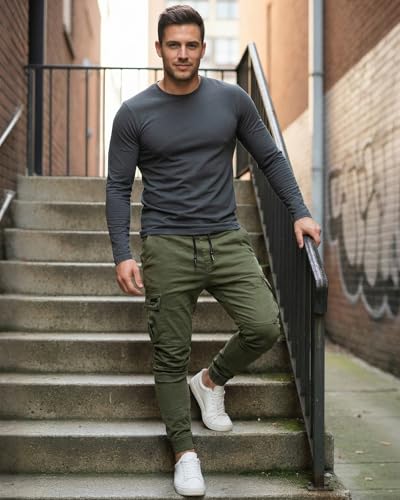 BUXKR Mens Cargo Pants Casual Hiking Pants Workout Joggers Sweatpants for Men,Army Green,M
