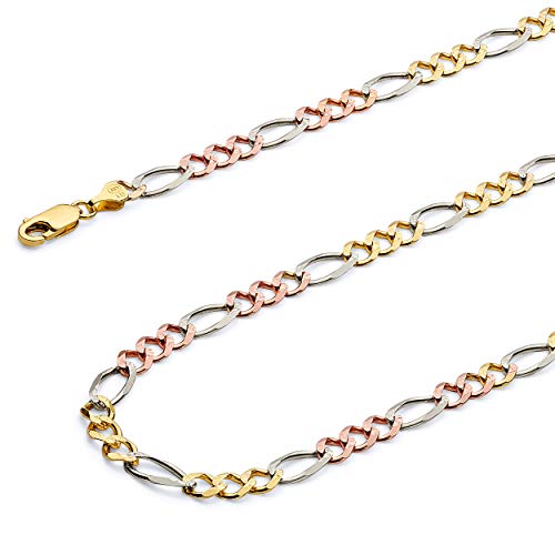 14k REAL Tri Color Gold Solid Men's 4.5mm Figaro 3+1 Concave Chain Bracelet with Lobster Claw Clasp - 7.5"
