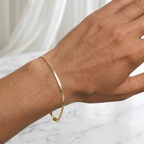 Floreo 14k Yellow Gold 1.5mm Solid Herringbone Chain Bracelet or Anklet 8 Inch