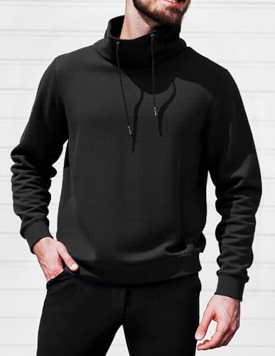 fit space Men's Tailored Relaxed Fit Sweatshirts & Full Zip Hoodie Turtleneck Athleisure Pullover with Zipper Pockets (Black Pullvoer,Small)