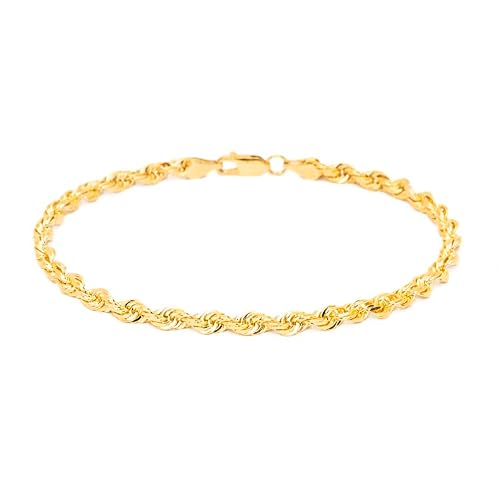 Floreo 10k Yellow Gold 3mm Diamond Cut Lite Rope Chain Bracelet or Anklet 7 Inch