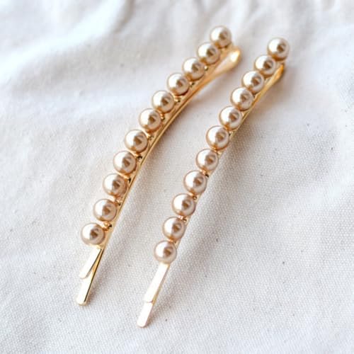 2 Pcs Shell Pearl Hair Barrettes for Women Gold Plated Elegant Simple Row Pearls Bobby Pins Decorative Hair Pins Non-Slip Hair Accessories for Bangs Half Up Hair Accessories 3.54" (Champagne)