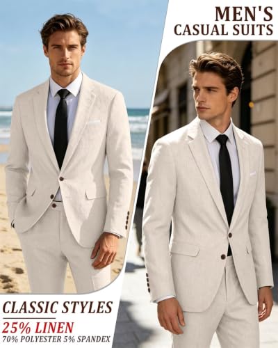 Retro Linen Mens Suit 2 Pieces Light Weight Linen Suit Summer Slim Fit Suits Tuxedo Jacket Blazer Pant for Men Beige M
