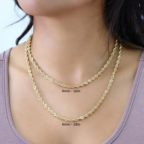 Nuragold 10k Real Yellow Gold 4mm Rope Chain Lightweight Necklace (16"-30") - 22"