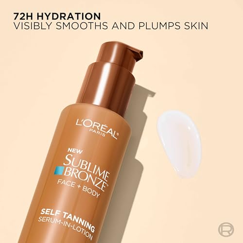 L'Oreal Paris Sublime Bronze Hydrating Self Tanning Serum-In-Lotion, Self Tanner for Face and Body with Coconut Water and Hyaluronic Acid, Provides Natural-Looking Color & 72 HR Hydration, 5 Fl Oz