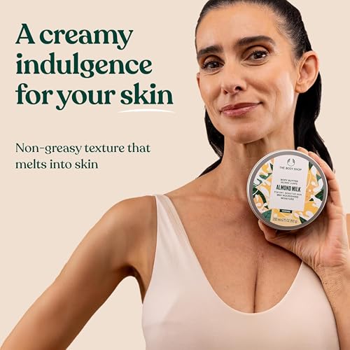 The Body Shop Body Butter | 96hr Nourishing Moisture for Dry Skin | Non-Greasy with Shea Butter for Smoother Softer Skin, Vegan, 200 ml / 6.4 oz (Almond Milk)