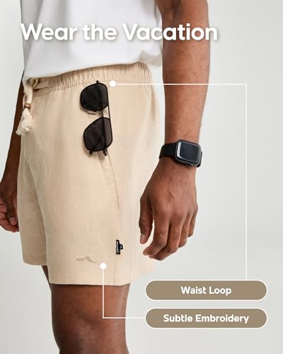 maamgic Mens 100% Linen Shorts Casual Drawstring Elastic Waist, Breathable Summer Shorts for Men Beach Vacation with Pockets Light Khaki