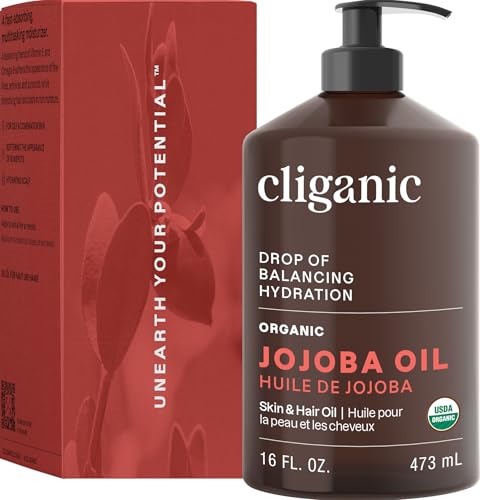 Cliganic Organic Jojoba Oil 16 oz, 100% Pure | Bulk, Natural Cold Pressed Unrefined Hexane Free for Hair & Face | Base Carrier Oil