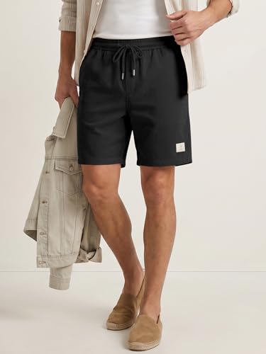 JMIERR Men Shorts Corduroy Cotton Casual 7 Inch Inseam Classic Fit Flat Front Elastic Waist Drawstring Lightweight Summer Beach Shorts for Men, L, Black