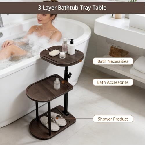3 Layer Bathtub Tray Table,Bamboo Swivel Bathtub Side Table Height Adjustable,Freestanding Bathtub Tray for Tub Against Wall,Bathtub Accessories&Bathroom Organizer for Luxury Home Spa (Brown)