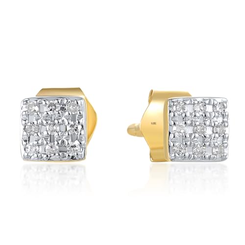 Santuzza 10K Yellow Solid Gold Genuine Diamond Dainty Square Stud Earrings for Women