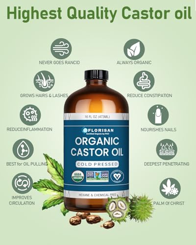 Florisan USDA Certified Organic Castor Oil 16oz Glass Bottle, Cold Pressed, Hexane-Free, Non-GMO, Vegan, 100% Pure Castor Oil for Hair Growth, Skin, Lashes, Eyebrows, EWG Verified